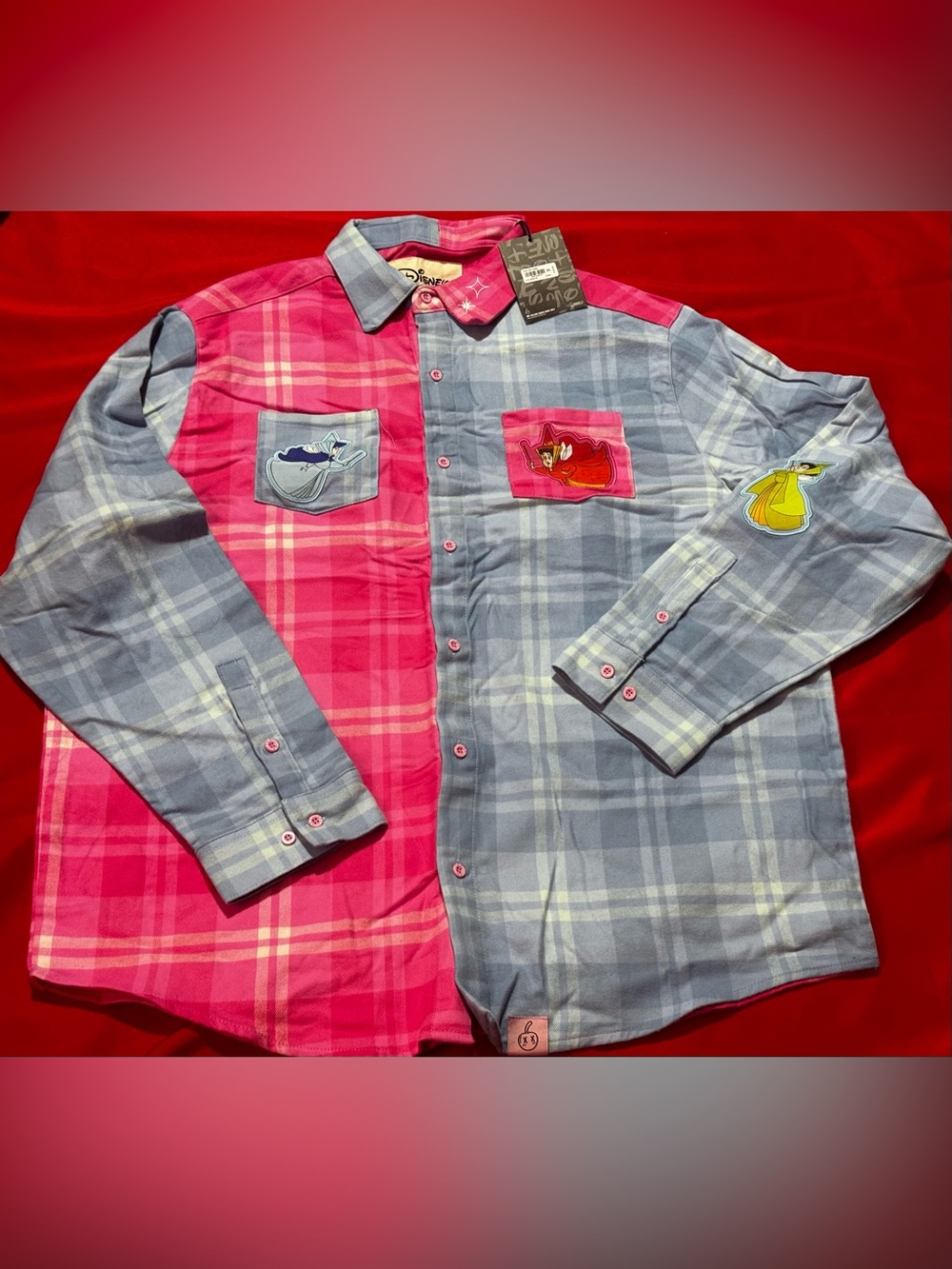 Two-Tone Pink & Light Blue Plaid Button-Down Shirt with Character Patches